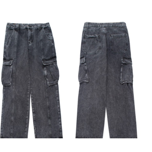 Men Cargo Work Pants Stone Wash Jeans